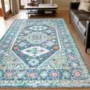 9x12 Area Rugs for Living Room, Machine Washable Non Slip Boho Floral Floor Carpet, Low Pile Lightweight Print Rugs for Bedroom, Dining Room, Home Office, Blue and Green