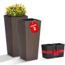 IDZO All Weather Wicker Planters for Outdoor Plants Set of 2, 24 inch Tall Planter for Front Porch, Patio, Balcony, Indoor Usage - Square Rattan Flower Pots, Mocha