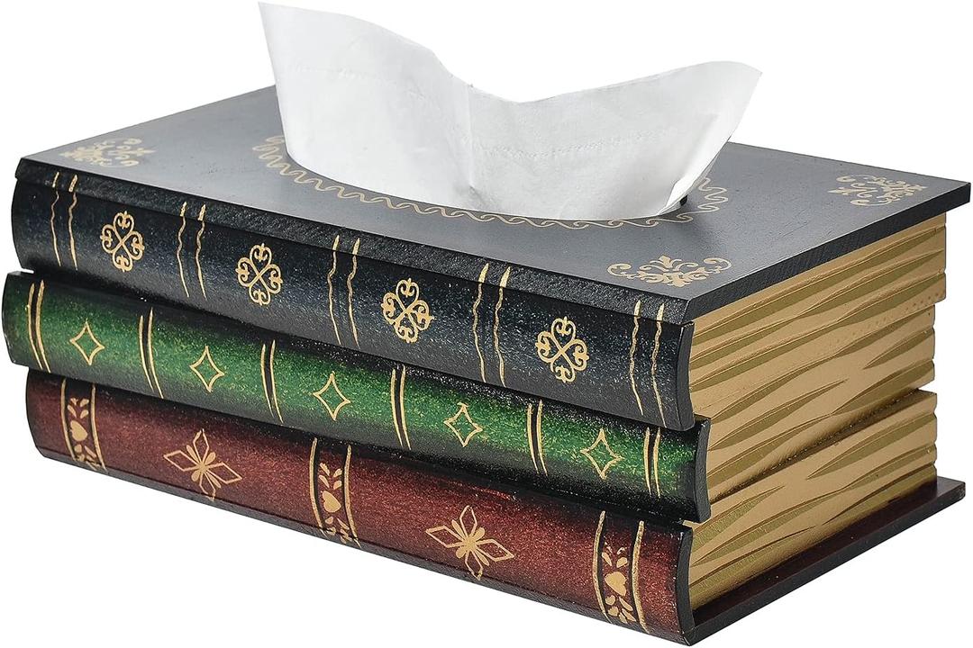 Crafted Classical Retro Wooden Antique Book Tissue Box Cover Rectangular Tissue Holder Dispenser Paper Cover Case Napkin Holder Home Decor for Bathroom Living Room Office car Kitchen (Dark Green)
