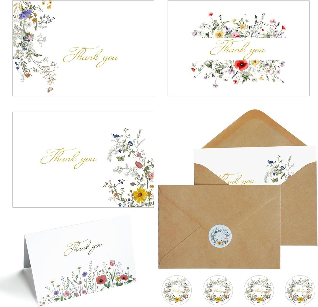 100 Pack Wildflower Thank You Cards With Envelopes Set (4"x6") - Elegant Gold Foil Thank You Notes With Adhesive Envelopes & Matching Stickers for Wedding, Bridal Showers, Baby Showers, Birthday, All Occasion