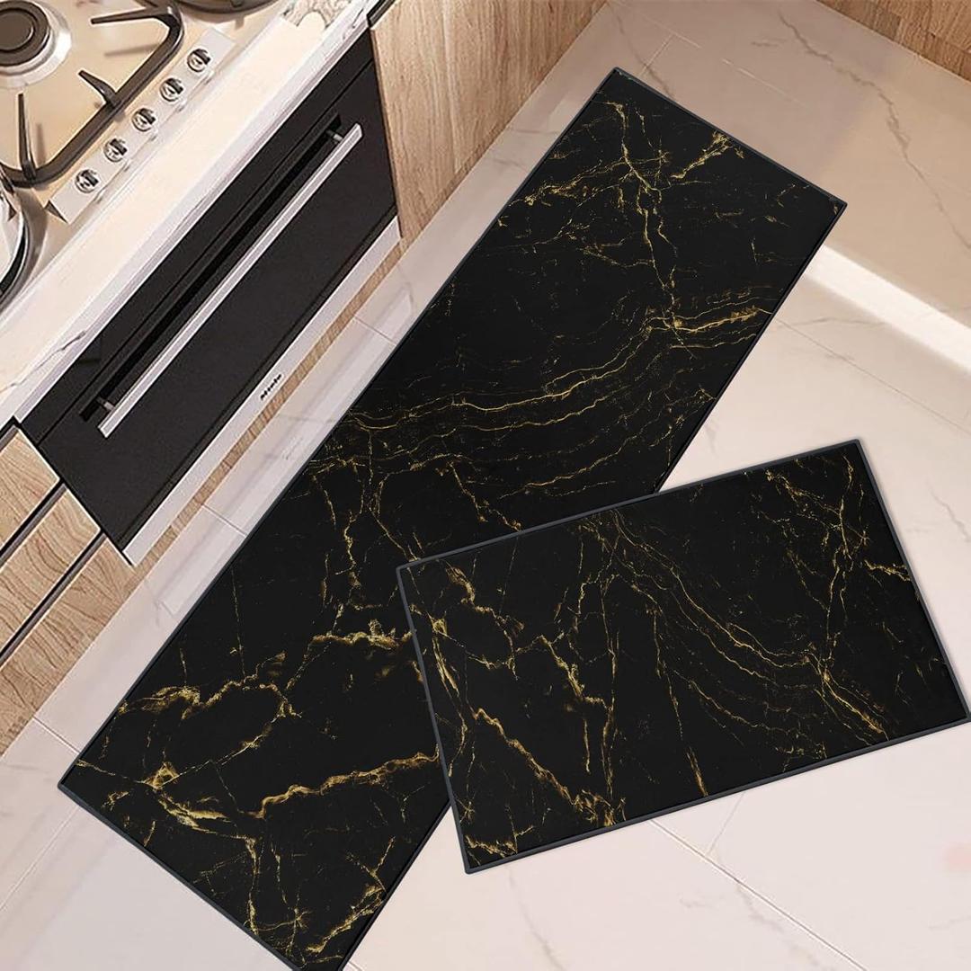 ArtSocket Kitchen Mats Non Skid Washable Set of 2, Marble Black Abstract Runner Rug, Marble Golden Gold Floor Under Sink Mat Throw Rug for Kitchen Doormat