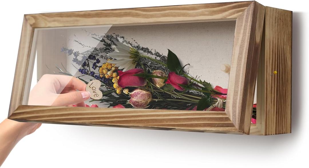 Shadow Box 5" x 12.5", Solid Wood Box Frame with Linen Background and 10 Solid Wood Pins, 2 Hanging Designs, Memory Display Case for Wedding Bouquet Memorabilia Medals Photos Keepsakes