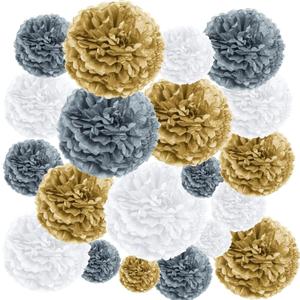 EpiqueOne 20-Piece Tissue Paper Pom Poms Party Decoration Kit - Gold, Silver & White | Different Sizes - 6", 8", 10", 12" & 14" | Ideal for Birthdays, Bridal or Baby Showers, Graduation & More