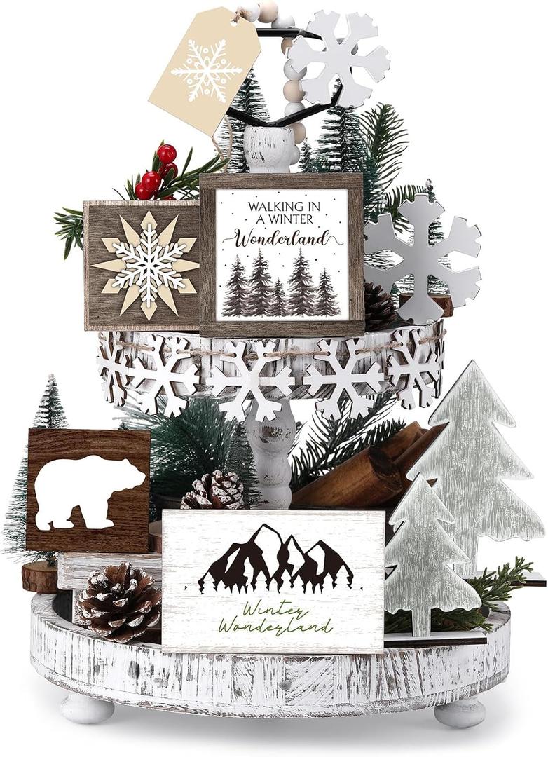 19 Pcs Winter Tiered Tray Decor Snowflakes Wood Rustic Decoration Tiered Sign Table Centerpieces Without Tray for Tabletop Shelf Winter Xmas Home Party Gifts(Ink Wonderland)