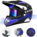 Motocross Helmet, Outdoor Full Face Dirt Bike Helmets ATV Offroad Adult &Youth Motorcycle Helmet SUV Dirt Bike Mountain Bike Helmet DOT Unisex Offroad Helmet (4 Piece Set) (Blue, Large)