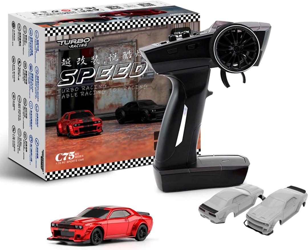 TurboRC 1:76 Mini Sports Car 4CH 2.4GHZ Remote Control Full Proportional RTR Kit with 2 Replaceable Body Shell(C75-Red) (Red-sports)