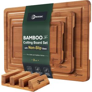 Bamboo Cutting Board, Non Slip Wood Cutting Boards for Kitchen 3 Packs Holder and Over Sink Nice Solid Thick Durable Cutting Boards for Kitchen Large Small Vegetables Fruits Kitchen Gifts (Carbonized)