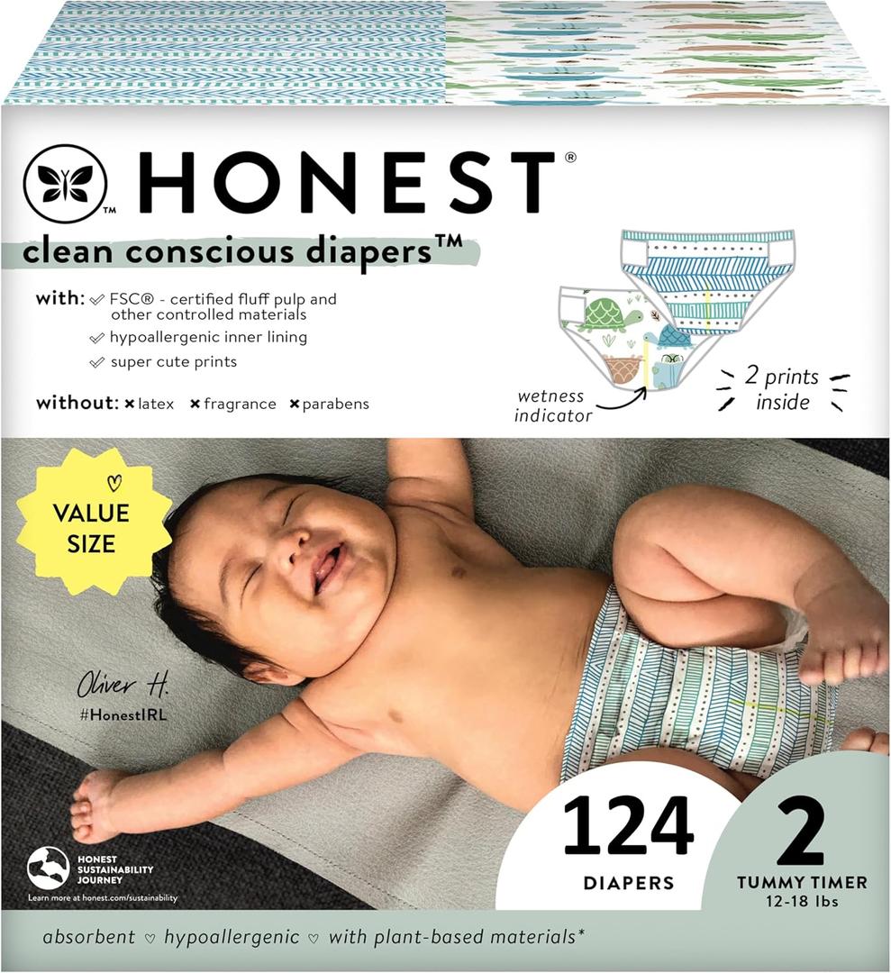 The Honest Company Clean Conscious Diapers for Sensitive Skin | Hypoallergenic, Fragrance Free | Gender Neutral Printss | Super Club Box, Size 2 (12-18 lbs), 124 Count (Size 2 (124 Count), Turtle Time + Dots & Dashes)