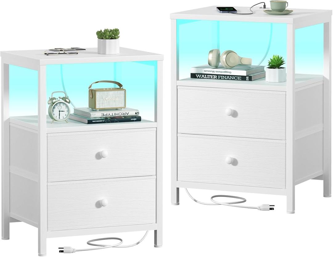 BOLUO White Nightstands Set of 2, Bedroom Night Stand Set Two Nightstand with Charging Station and LED Light, Bedside Table with 2 Fabric Drawers Modern