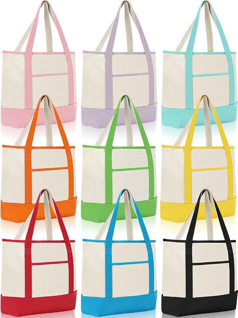 Sanwuta 9 Pack Canvas Tote Bags with Outer Pocket Large Reusable Grocery Shopping Travel Blank Tote Bag for Women Mother(Bright Colors)