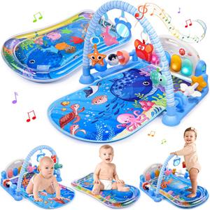 Baby Gyms Play Mats with Tummy Time Water Mat, Baby Activity Mat Play Piano Gym with 5 Sensory Toys for Babies, Music & Lights Boy & Girl Gifts for Newborn Babies 0-3 4-6 6-9 6-12 Months (Blue)