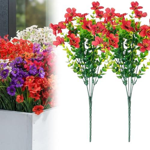 2026 New Artificial Flowers for Outdoors, Fake Flowers Plants for Indoor Outside, Fake Silk Flowers Plastic Plants for Spring Summer Garden Porch Window Box Table Vase Home Indoor Outdoor (Dark Red)