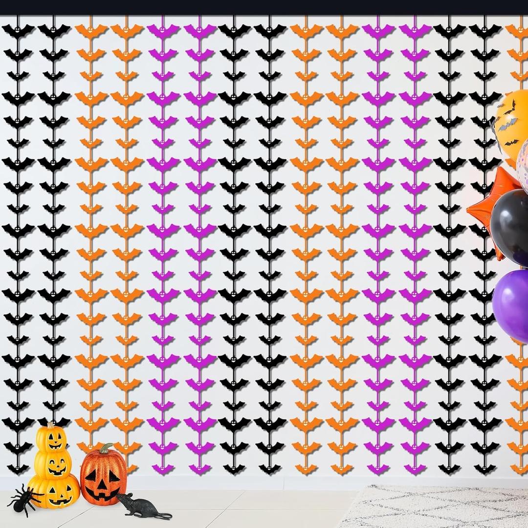 3 Pack Halloween Foil Fringe Curtains, 3.3 X 6.6 ft Bats Metallic Tinsel Curtain Steamer Photo Booth Prop Backdrop for Halloween Theme Home Outdoor Party DecorationPurple, Orange, Black
