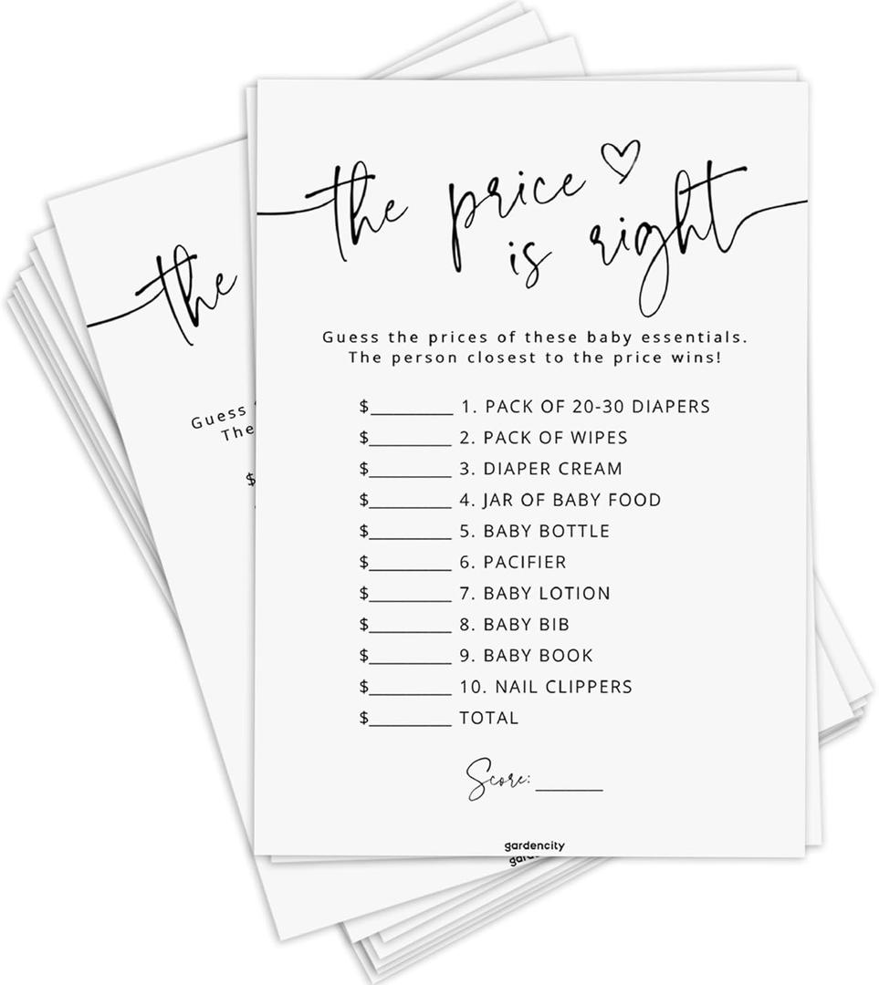 GardenCity Baby Shower Games - Price is Right Baby Shower Game for Girl or Boy, Gender Neutral, 50 Cards, Minimalist
