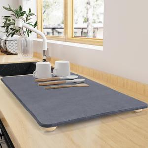Large Stone Dish Drying Mat for Kitchen Counter, 24"16" Quick Dry Super Absorbent Eco-Friendly Diatomaceous Earth Stone Mat with hemisphere wooden feet, Non-slip, Heat Resistant, Multi-purpose mats. (24" x 16")