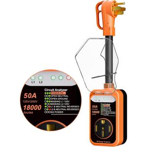 RV Surge Protector 50 Amp,18000 Joules RV Circuit Analyzer with Voltage Monitoring,2026 New Upgraded RV Surge Voltage Protection,Waterproof Cover,RV Adapter Plug for Travel Trailers (Orange, 50A)