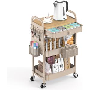 ALVOROG Rolling Cart with Drawer and Wood Table Top, 3 Tier Metal Rolling Utility Cart on Wheels with DIY Pegboards, Hanging Baskets, Hooks for Kitchen, Bedroom, Office, Craft Supplies (Khaki)