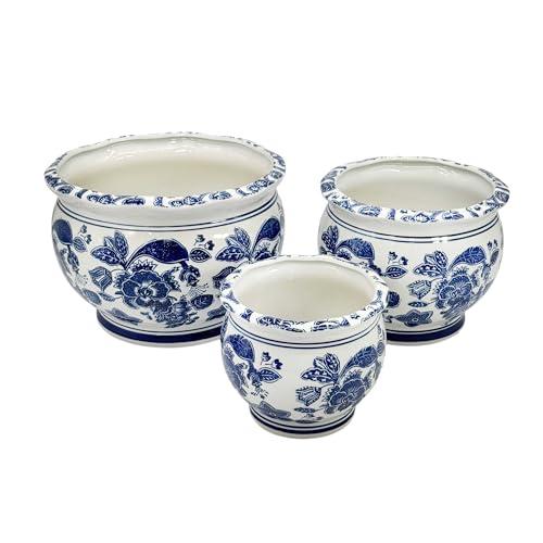 Galt International Floral Blue & White Round Porcelain Ceramic Plant Flower Planter Pot Set of 3 (8", 10", 12") Garden Pots Chinese Asian Design