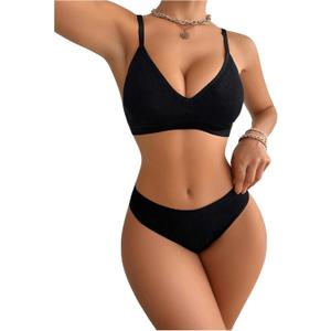 SOLY HUX Women's Lingerie Set 2 Piece Wireless Bra and Panty Underwear Sets (Plain Black)