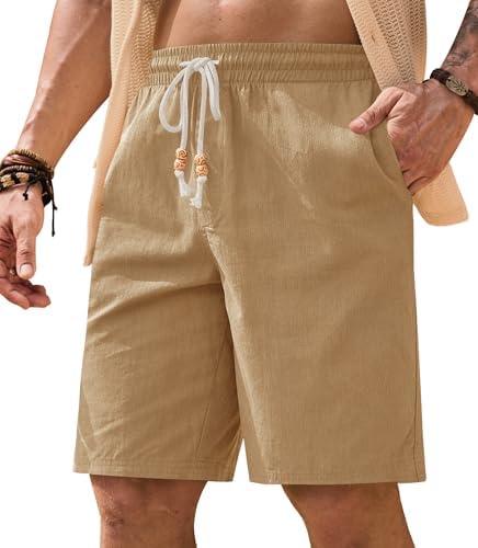 VOGSTART Men's Casual Cotton Shorts Drawstring 8 Inch Summer Vacation Shorts with Pockets, Brown, M