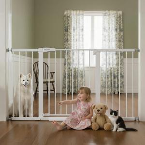Mumeasy 36" Extra Tall Baby Gate for Doorways, 29.7"-57" Extra Wide Dog Gate for Stairs, Pressure Mounted Auto Close Pet Safety Gate with Easy Walk Thru Door, Large Indoor Child Gate for House, White