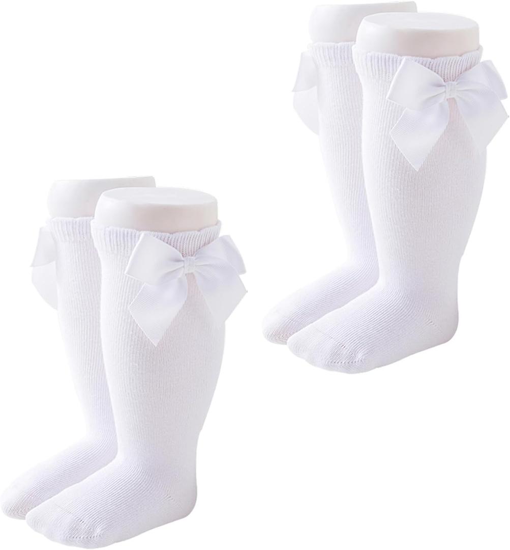 Marchare Baby Girls Knee High Socks Baby Girls Bow Stockings Cotton Uniform Stockings Dress Socks (White)