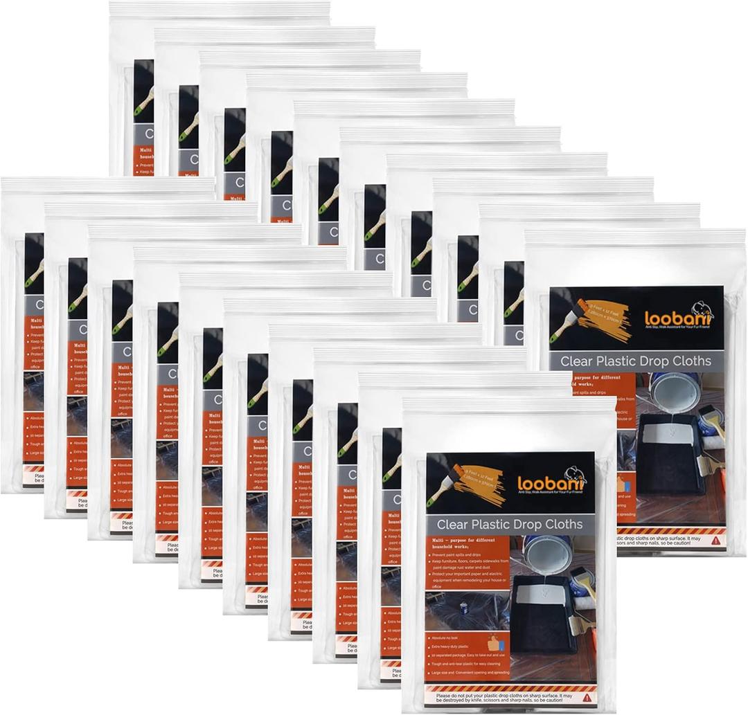 20 Piece Painter Plastic Drop Cloths, Waterproof Anti-dust Furniture Cover, 9x12 Feet Disposable Tarp for Painting and Couch Cover (Transparent)