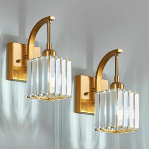 FDPBY Wall Sconces, Set of 2 Gold Crystal Vanity Lights, Modern Wall Lamp for Bathroom, Hallway, and Makeup, Easy Installation