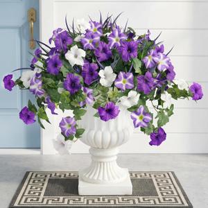 Artificial Flowers Plants for Outdoors, 6PCS UV Resistant Faux Flowers Outdoor Plants, Fake Petunias Silk Flowers for Garden Balcony Yard Porch Decor (White Purple)