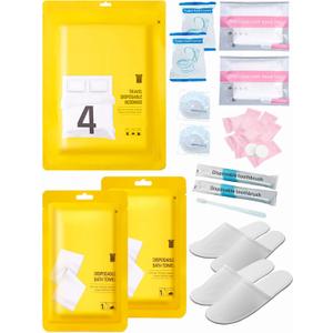 Extguds Disposable Travel Set: 1 Bed Sheet, 1 Duvet Cover, 2 Pillowcases, 2 Bath Towels, 2 Shower Caps, 2 Plastic Bathtub Bags, 2 Toilet Seat Covers, 8 Compression Face Towels, 2 Toothbrushes, 2 Slippers (1 pack)
