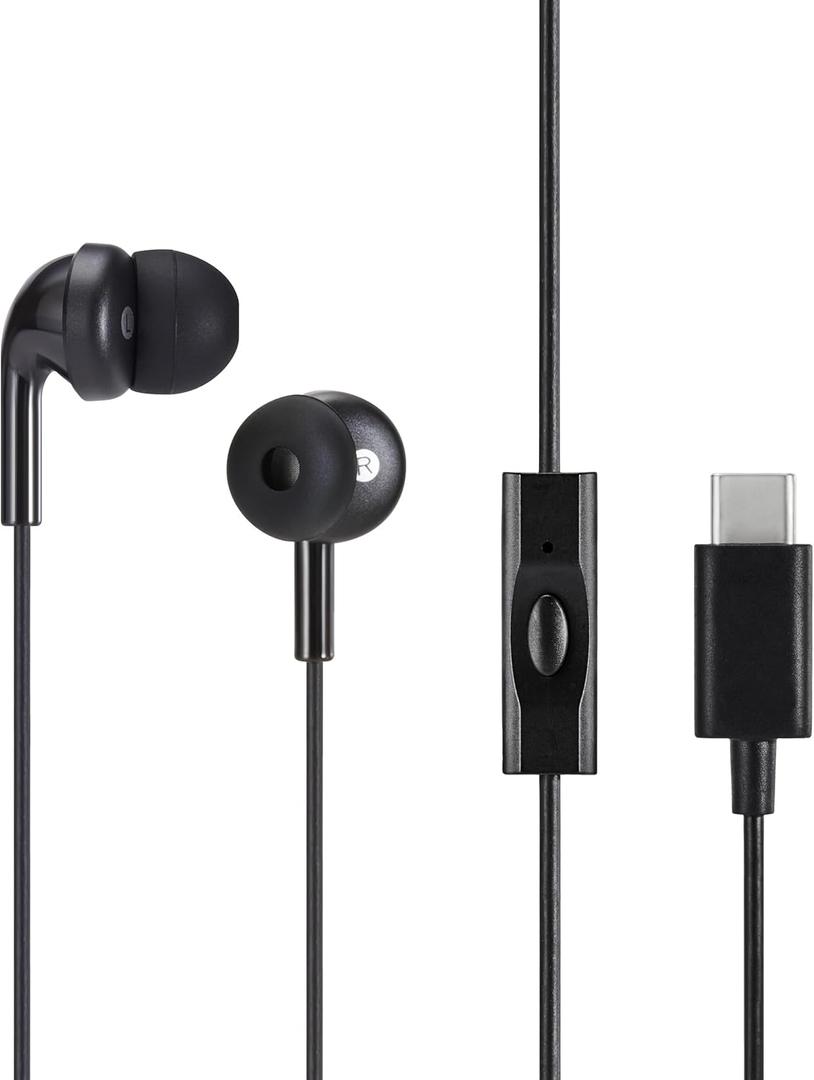 Amazon Basics Wired Earbuds with Microphone, In Ear Headphones, USB-C, 4.2 ft long cable, S/ M/ L Ear Tips, One size, Black