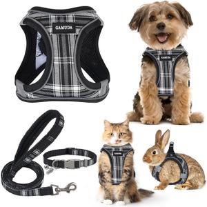 GAMUDA Small Dog Harness Collar and Leash Set, Step in No Chock No Pull Soft Mesh Adjustable Dog Vest Harnesses Plaid Reflective for Dogs Puppy Cats Kitten Rabbit (Black, S)