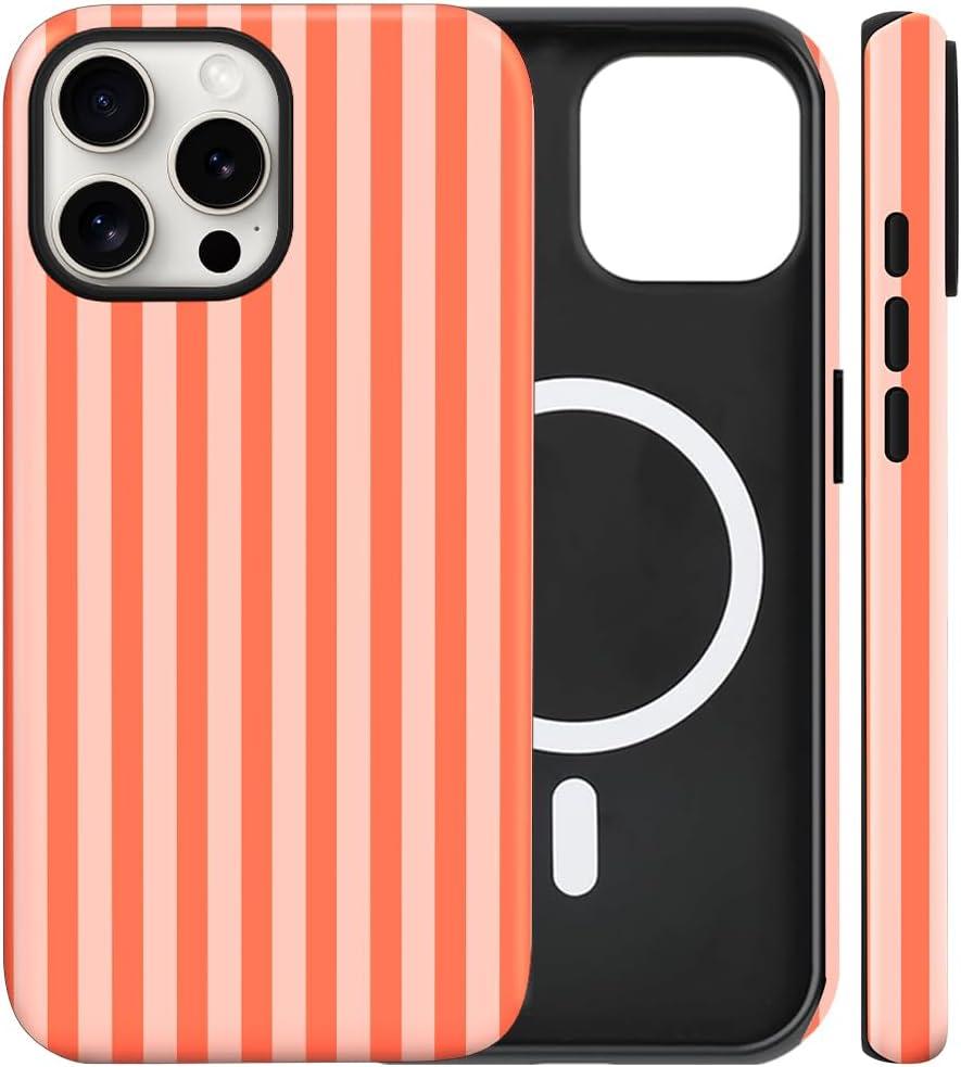 Magnetic for iPhone 16 Pro Case Cute Stripes Phone Case, Shockproof Slim TPU and Hard PC Protective Phone Cover Compatible with MagSafe Designed for Women Girls, Deep Orange