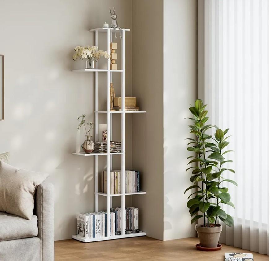 6 Tier Corner Bookshelf，Slim Open Bookshelf，Small Book Shelf for Small Spaces，Living Room, Home Office, 9.45 x 20.8 x 62.2 Inches,（1Pack+White)