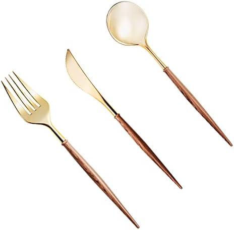 Lullaby 120PCS Gold Plastic Silverware, Gold Disposable Cutlery with Wood Grain Handle Include 40 Forks, 40 Spoons, 40 Knives, Elegant Disposable Silverware for Wedding, Party, Gathering, Daily Use