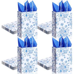 Sinload 24 Pcs Blue Floral Paper Gift Bags with Tissue Paper Elegant Blue White Party Bags with Handles for Bridal Showers Weddings and Birthday
