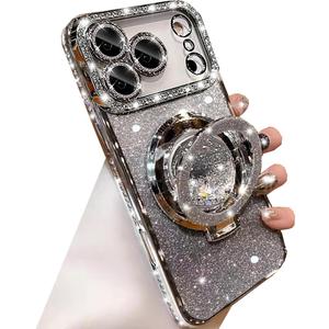 Changjia Glitter Kickstand Case for iPhone 17 Pro,Cute Luxury Bling Sparkly Diamond Rhinestone with Camera Lens Protector Liquid Flowing Ring Stand TPU Bumper Women Girls ,Silver