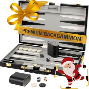 Backgammon Sets for Adults  15-Inch Black PU Leather Board Game Set  Classic 2-Player Travel Backgammon Set with 32 Playing Pieces, Dice, and Cups
