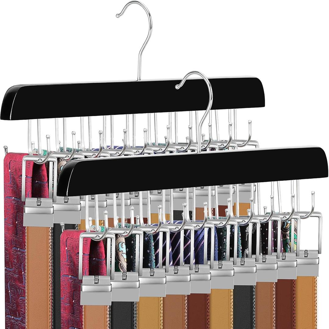 TOPIA HANGER 40 Hooks Belt Tie Hanger Space Saving for Closet, 2 IN 1 Belt Ties Racks Max 60 Belts with 60 Ties Capacity, Curved with Flat Hooks for Belts,Ties,Bras,Closet Organizers and Storage CT70B (Black)