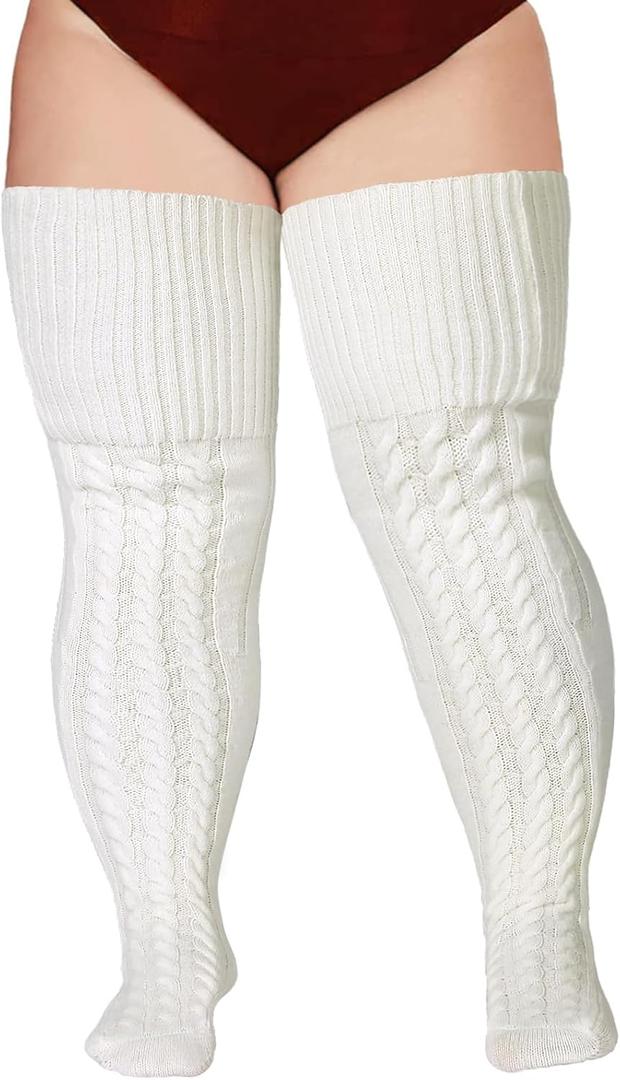 Wool Plus Size Thigh High Socks For Thick Thighs- Extra Long Womens Warm Cable Knit Over Knee Stockings Leg Warmers (White), One Size Plus