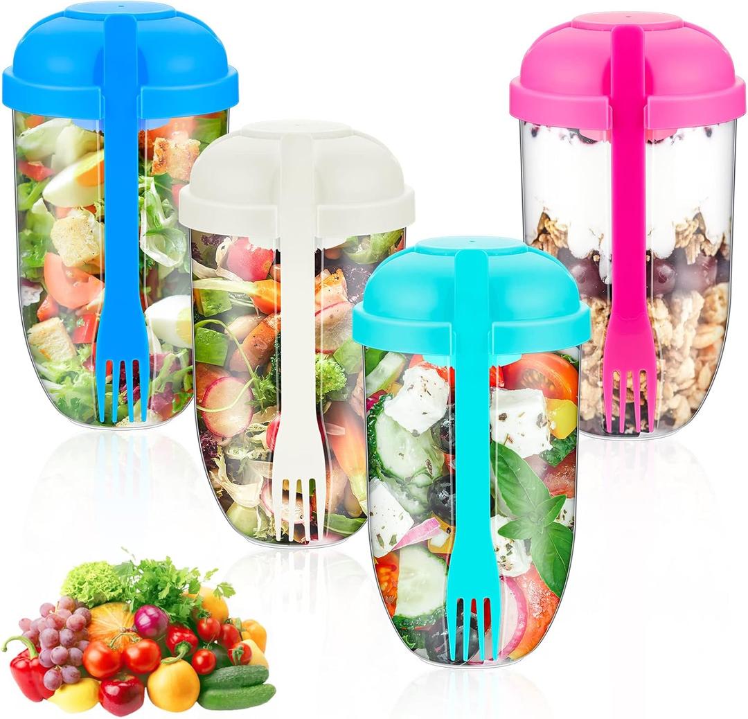 Roshtia 4 Pcs Salad Cup with Lids Fork Sauce Container Salad Shaker Container for Lunch, Keep Fit Food Dressing Cup for Portable Breakfast Meal Vegetable and Fruits