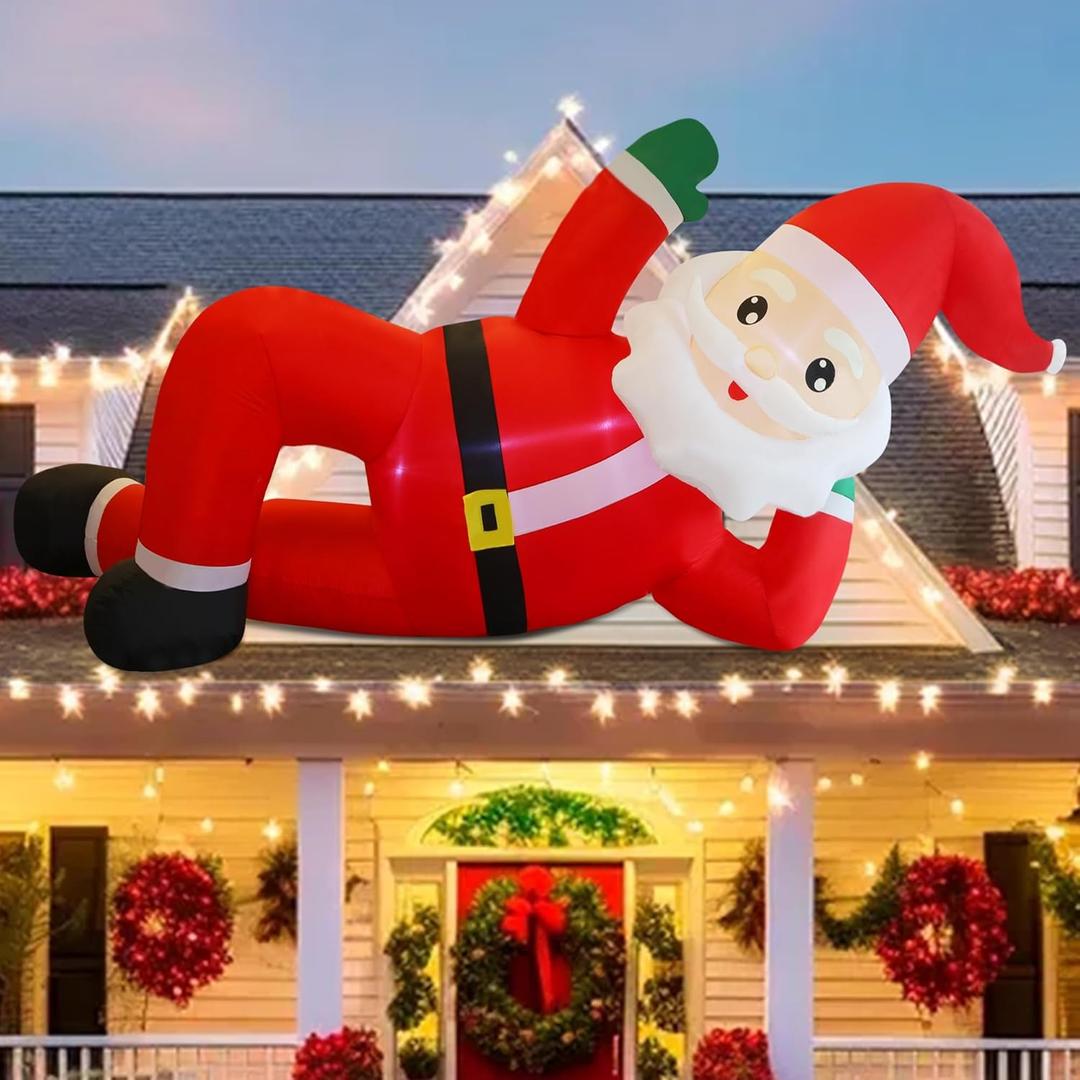 Juegoal Christmas Inflatables Outdoor Decorations, 12FT Long Inflatable Xmas Santa Claus, Lighted Blow Up Giant Lying Santa with Built in LED Lights, Light Up Holiday Winter Lawn Yard Garden Decor