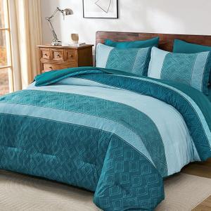Boho Queen Comforter Set Teal Blue,Soft 7 Pieces Bed in a Bag Queen Size