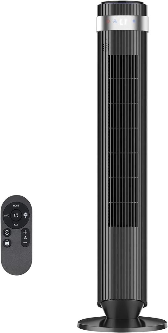Tower Fan for Bedroom, 28dB Quiet Bladeless Oscillating Standing Fan with Remote, 5 Speeds & 4 Modes, 12H Timer, LED Display, 22.3ft/s High Velocity Cooling Floor Fan for Home, Office (Black), 9.84"D x 9.84"W x 35.43"H