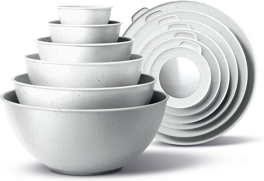 COOK WITH COLOR Mixing Bowls with TPR Lids - 12 Piece Plastic Nesting Bowls Set includes 6 Prep Bowls and 6 Lids, Microwave Safe Mixing Bowl Set (Speckled White)