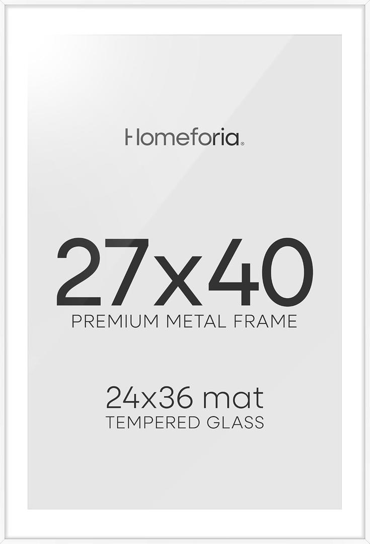Homeforia 27x40 White Poster Frame, High-End Metal, 24x36 Mat, Glass