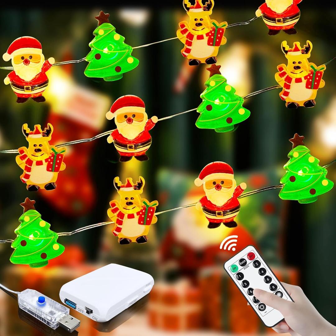 ZGWJ Christmas String Lights with Timer, Tree-Reindeer-Santa Claus 50LED 16FT Twinkle Fairy Lights 8 Modes for Bedroom,Christmas Parties Decoration (Xmas Tree-Reindeer-Santa Claus, 2PCS)