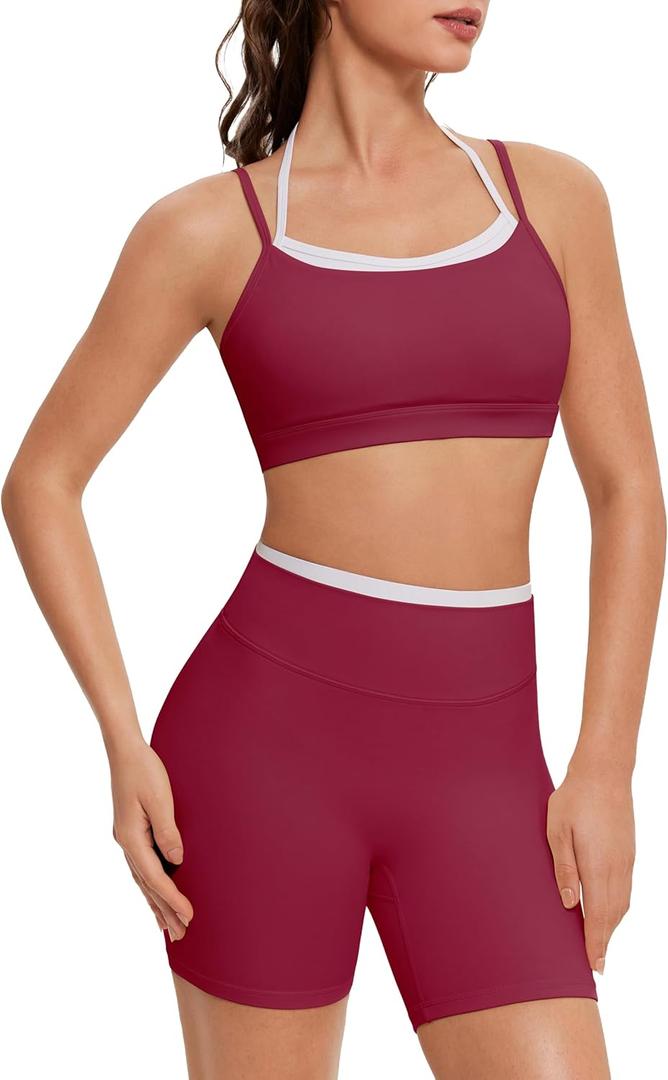 OMKAGI Workout Sets for Women Cute Doubel Layer Open Back Sports Bras Gym Shorts Outfits(XS, 531-Burgundy)