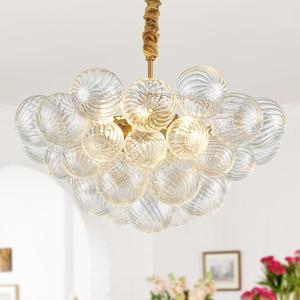 brfaixla Gold Nordic Bubble Ball Chandelier Dia 21" Modern 6 Lights Swirled Clear Ribbed Blown Glass Chandelier Light Fixture for Living Room Dining Room Kitchen Foyer Entryway