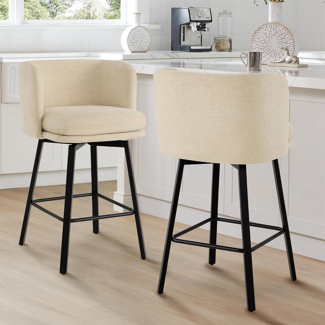 26" H Counter Height Swivel Bar Stools Set of 2, Barrel Counter Stools with Backrest, Linen Fabric Upholstered Barstools with Metal Legs for Kitchen Island,Sand